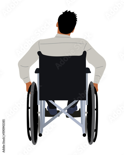 Business man with disability sitting in wheelchair rear view. Inclusive business concept. Flat vector illustration isolated