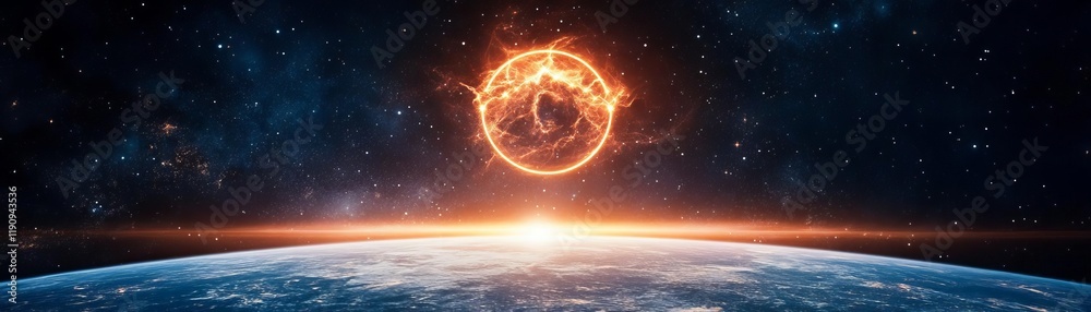 Obraz premium Astrological Leo symbol floating above a glowing cosmic horizon