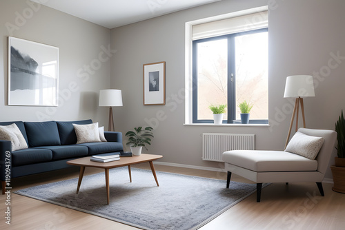 wooden coffee table living room with white radiator double window, footstool, wall art, wooden white lamp, teal blue triple sofa