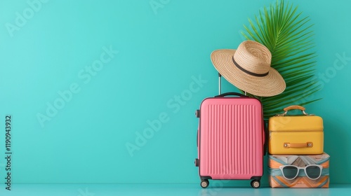 A colorful travel scene featuring a pink suitcase, yellow bag, sunglasses, a straw hat, and a green palm leaf against a bright teal background.