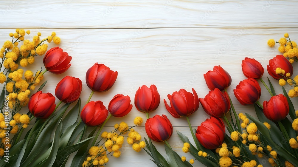 Obraz premium Bright red tulips and yellow mimosas on light wooden background