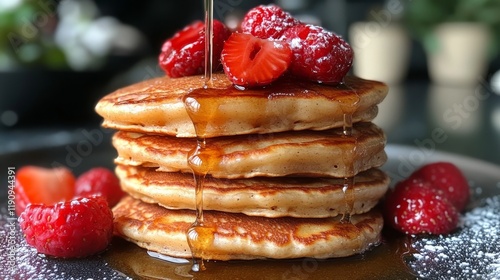 Flan dessert topped with fresh raspberries and blueberries served on a black ...