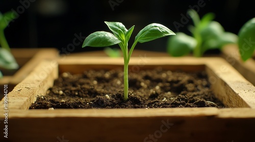 Young watermelon plant growing in wooden box on fertile soil under bright light