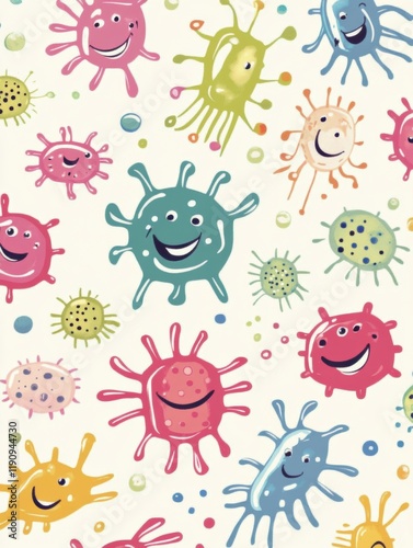 Cartoon microbes with joyful expressions in vibrant colors on a light background. Generative AI