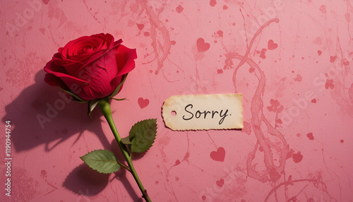 Red Flower with a SORRY Note, sorry, concept