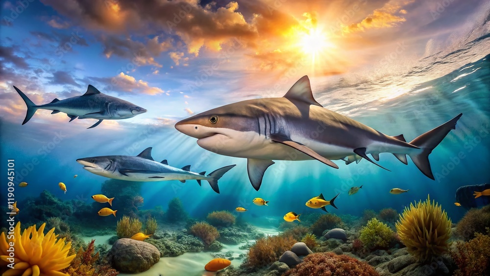 Obraz premium Panoramic Ocean Predator Landscape: Great White, Tiger & Bull Sharks