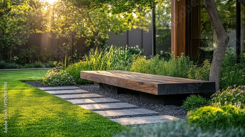 Elegant outdoor bench in a serene garden at sunset near modern architecture