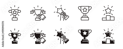 winner reward trophy cup award icon line set first place champion success achievement winner prize signs unique style vector outline illustration