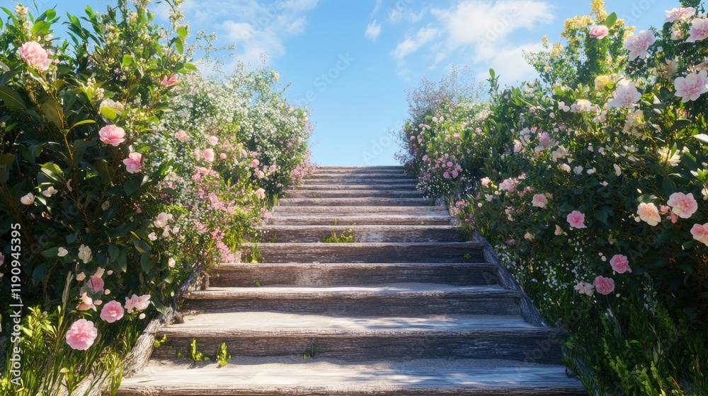 Obraz premium A peaceful rustic stairway flanked by blooming flowers, gently fading into a soft blue sky, evoking a sense of tranquility, peace, and the journey to something greater