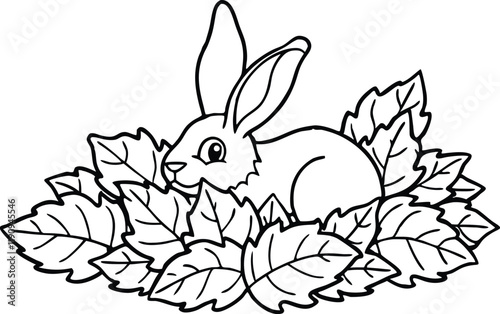 Adorable Cartoon Rabbit Hiding Amongst Autumn Leaves Coloring Page