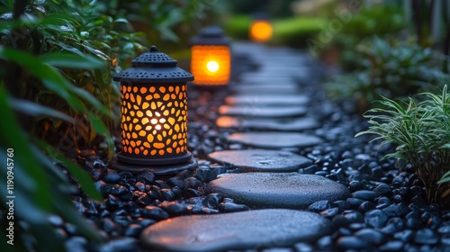 Soft glow of lanterns illuminating a garden path during evening hours