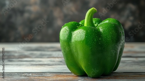 Fresh green bell pepper on wooden surface with water droplets, showcasing vibrant color and texture