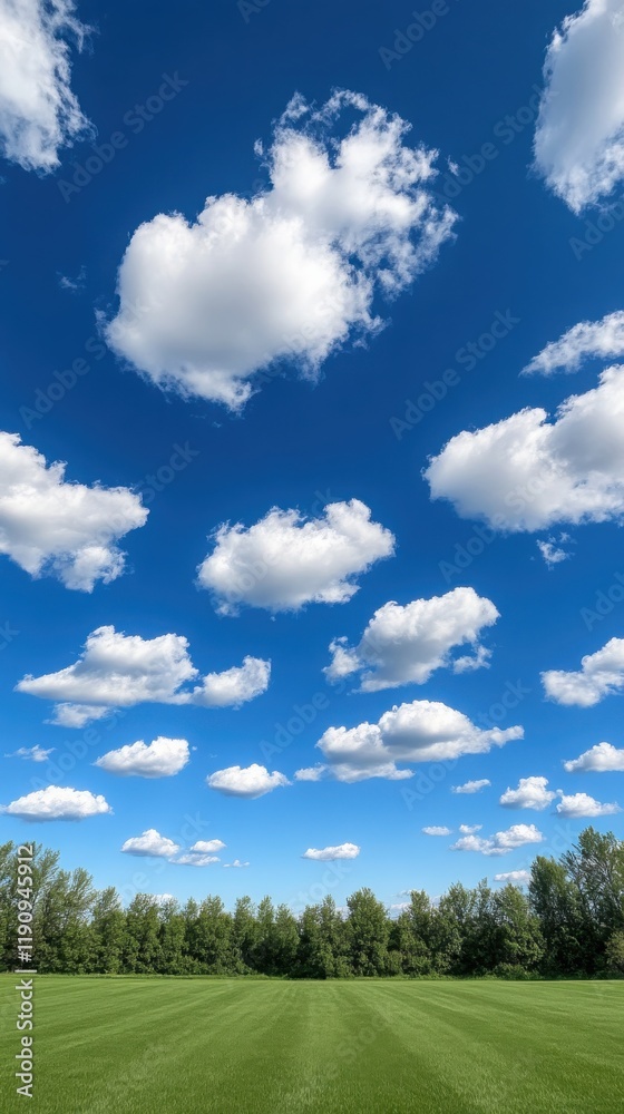 Bright blue sky filled with fluffy clouds over wide green field during daytime Bright blue sky filled with fluffy clouds over wide green field during daytime