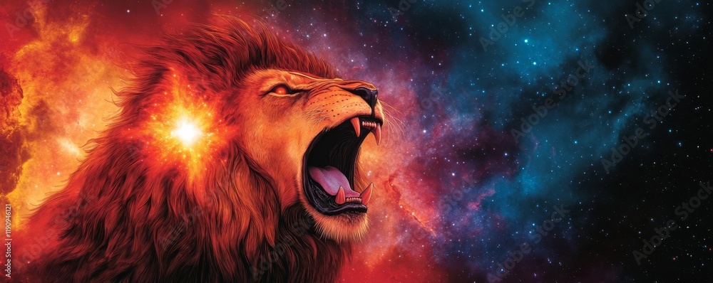 Celestial lion roaring into the void of space, its mane forming a supernova