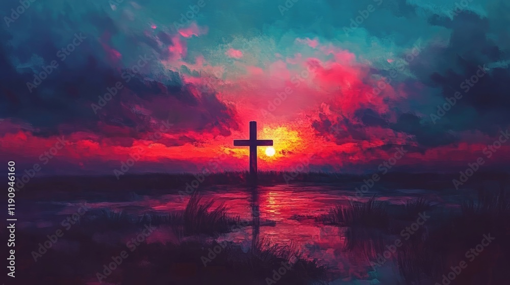 A powerful sunset with a wooden cross in the foreground, surrounded by dramatic evening colors that convey faith and tranquility A powerful sunset with a wooden cross in the foreground, surrounded by dramatic evening colors that convey faith and tranquility