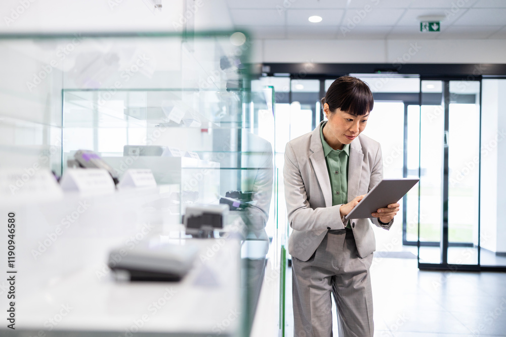 Japanese general manager controlling quality of electronic equipment in factory. Japanese general manager controlling quality of electronic equipment in factory.