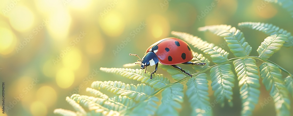 Fototapeta premium Ladybug resting on a sunlit fern leaf with soft-focus green and yellow tones in the background