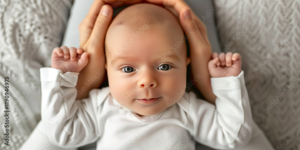 A joyful baby lying on a soft surface, with hands raised in excitement, radiating innocence and happiness