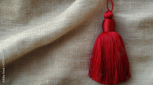 Beautiful red tassel with silver detail resting on beige fabric