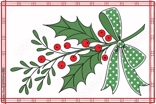 Christmas decoration, holly leaves, red berries, green polka dot bow, red plaid background, white border, festive design, graphic illustration, holiday card style, vibrant colors, traditional Christma