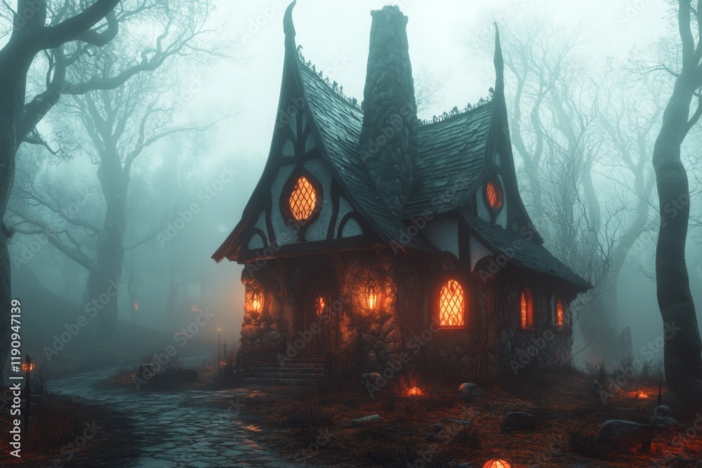 Fototapeta premium A gothic depiction of a foggy forest retreat, with an eerie yet peaceful cabin lit by a single lantern and surrounded by towering dark trees
