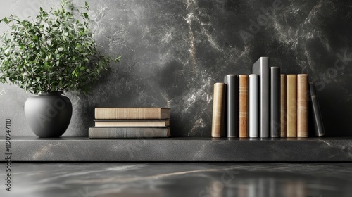 Vintage leather books and geometric sculpture displayed on a shelf in a cozy ...