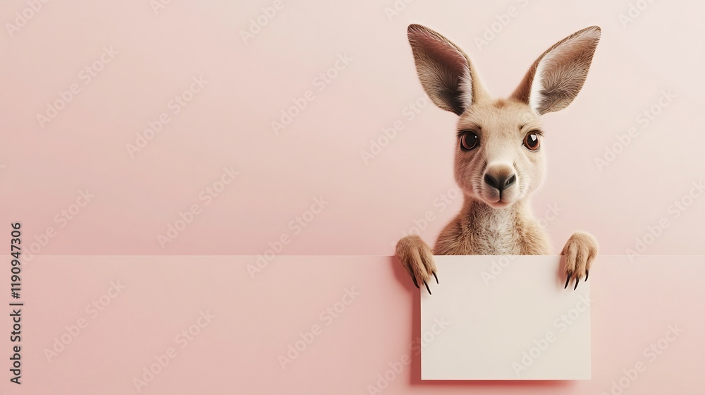 Obraz premium Adorable Kangaroo Joey Holding Blank Sign in Pouch with Pastel Earthy Tones 3D