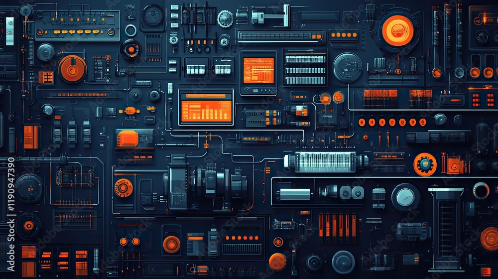 Seamless machinery pattern with technical elements in a flat vector style Seamless machinery pattern with technical elements in a flat vector style