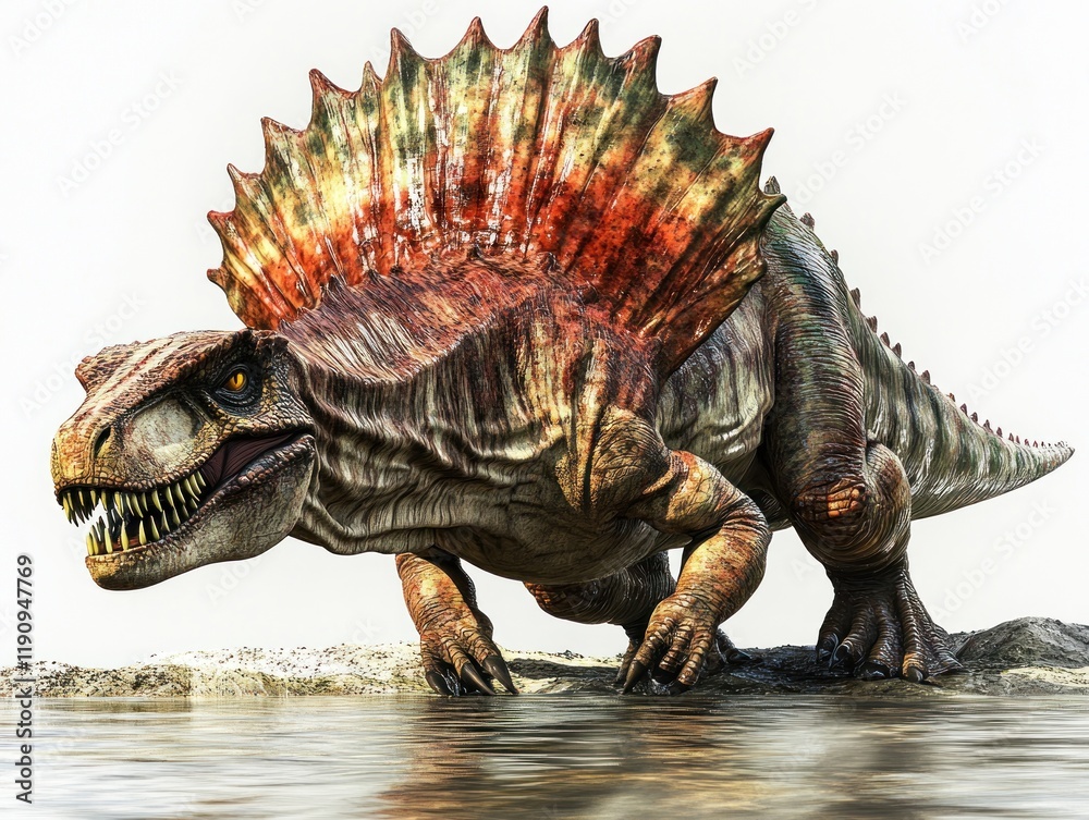 Dinosaur wading in water, prehistoric creature, digital art, science illustration