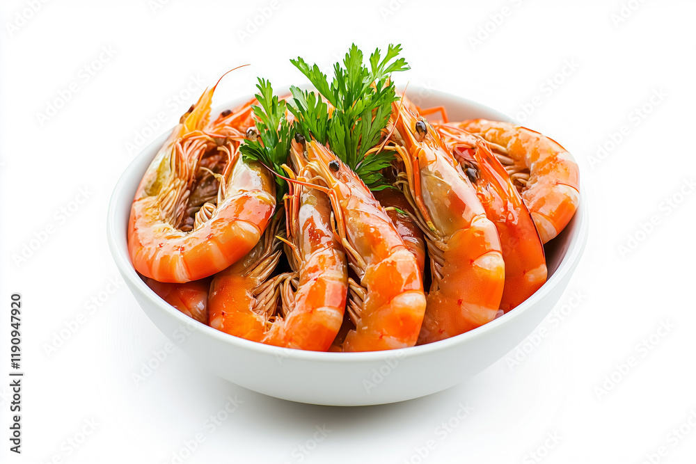 Freshly cooked shrimp served in a bowl with garnishing Freshly cooked shrimp served in a bowl with garnishing