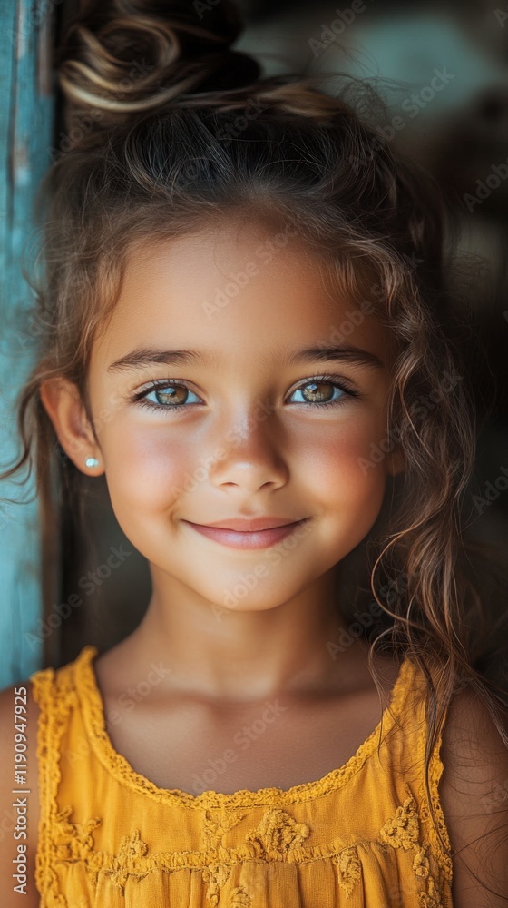 Young girl with curly hair and bright eyes smiling in a rustic setting during daylight Young girl with curly hair and bright eyes smiling in a rustic setting during daylight
