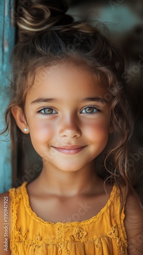 Young girl with curly hair and bright eyes smiling in a rustic setting during...