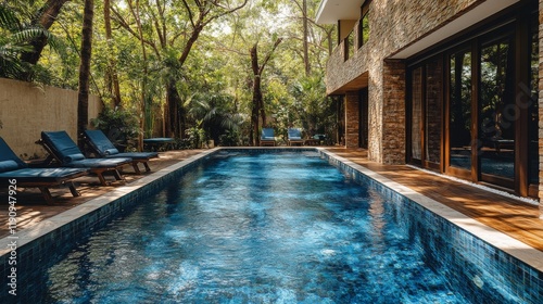Luxury poolside retreat surrounded by lush greenery in a serene setting