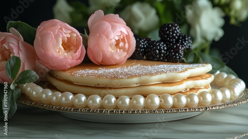 Delicious stack of fluffy pancakes topped with fresh berries and syrup
