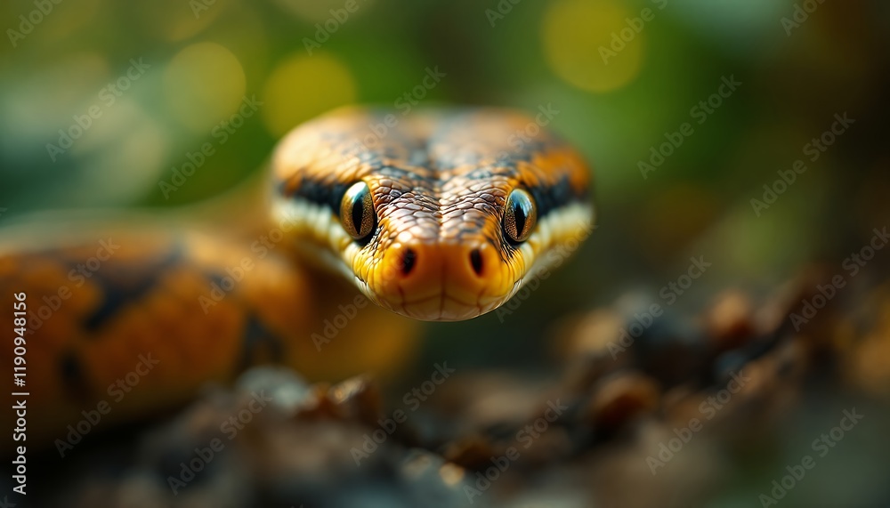 Obraz premium Close-Up of a Spectacular Dumeril's Boa, A Stunning Reptile in its Natural Habitat, Showcasing Intricate Details and Vibrant Colors.
