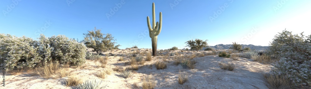 Solitary Cactus in Desert Landscape with Clear Blue Sky and Distant Hills Solitary Cactus in Desert Landscape with Clear Blue Sky and Distant Hills