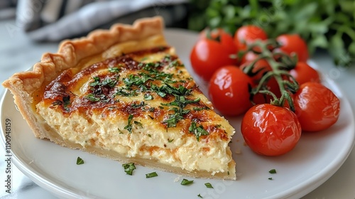 Delicious savory quiche served with fresh cherry tomatoes on a white plate