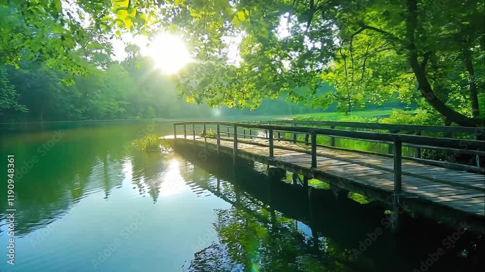 Sunlit wooden bridge over tranquil lake in lush green forest.