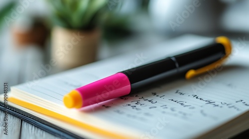 Colorful pen resting on a notebook with notes and a small plant in the backgr...