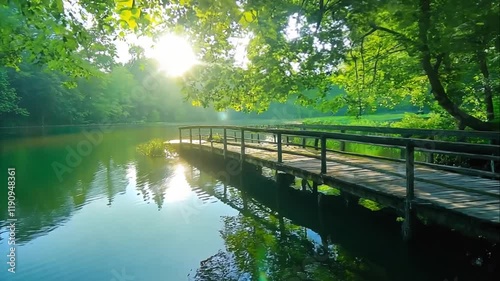 Sunlit wooden bridge over tranquil lake in lush green forest.