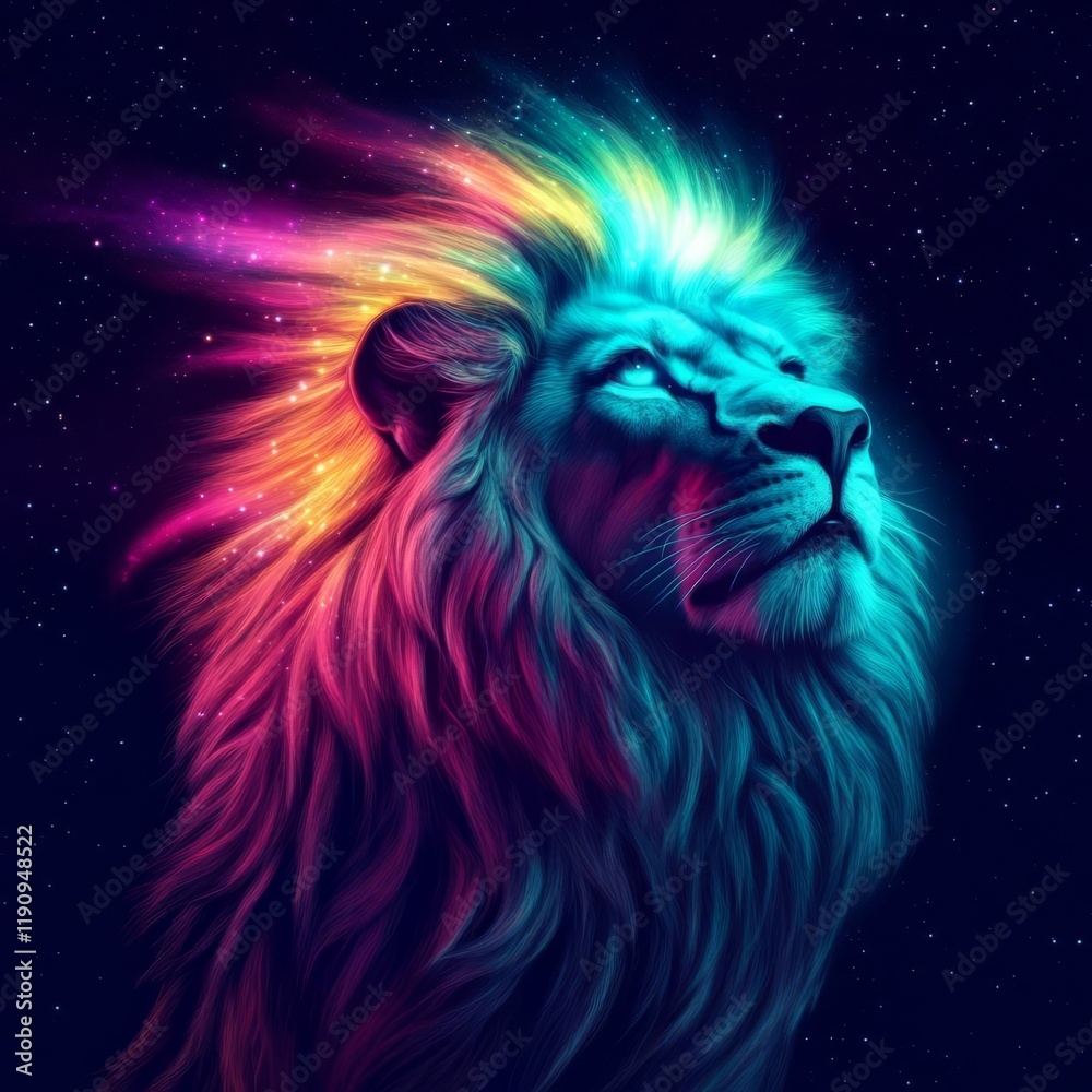 Fototapeta premium Celestial lion with a mane glowing like a vibrant aurora, blending cosmic energy with strength