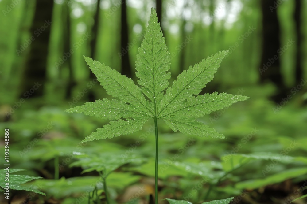 Lush green fern in a serene forest landscape with towering trees during the day Lush green fern in a serene forest landscape with towering trees during the day