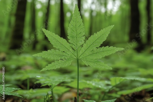 Lush green fern in a serene forest landscape with towering trees during the day