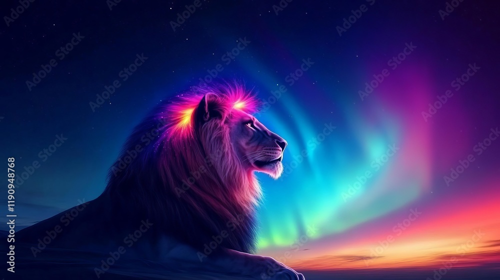 Naklejka premium Celestial lion with a mane glowing like a vibrant aurora, blending cosmic energy with strength