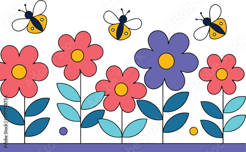 Colorful Flowers, Bees, Springtime, Nature, Garden, Illustration, Simple, Design, Floral, Delight