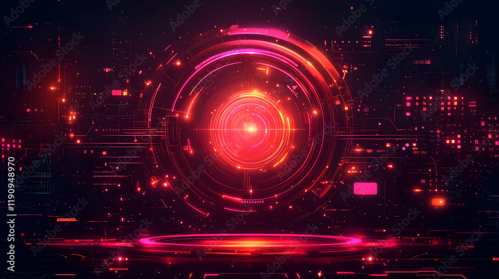 Fototapeta premium Abstract Futuristic Sphere with Glowing Red and Pink Neon Lines, Dynamic Digital Art Background