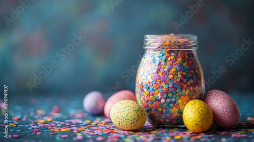 Colorful sprinkles and candy eggs in a glass jar with a festive backdrop duri...