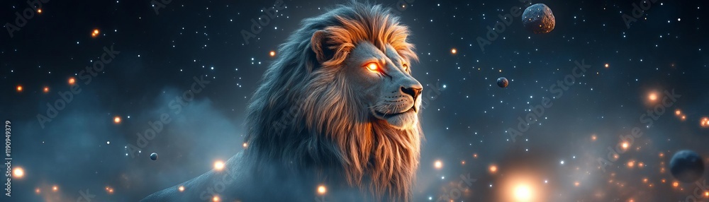 Fototapeta premium Celestial lion with glowing eyes, standing proudly amidst a field of luminous asteroids