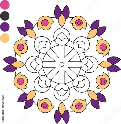 Coloring Mandala Purple, Pink, Yellow, Circular Design, Art, Activity, Pattern, Symmetry, Floral, Cr