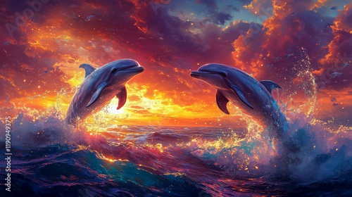 Dolphins leaping from the ocean at sunset with vibrant colors and dramatic clouds in the background